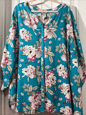 Catherines Teal Floral Button-Front Blouse